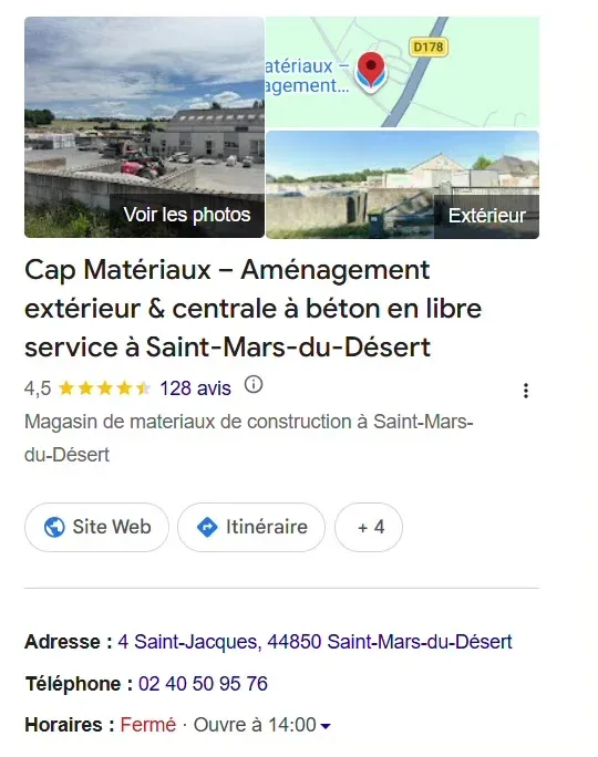 Fiche Google Business complète d’un artisan (Cap Matériaux) : catégorie, photos, note et avis